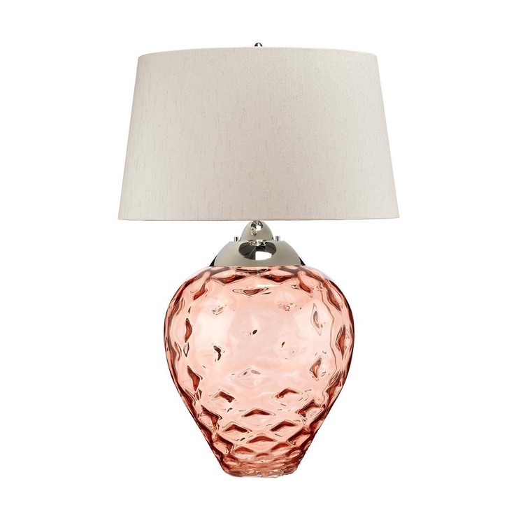 Quintiesse Samara Large Light Salmon Glass Dual Lit Table Lamp Complete WIth Scallop Faux Taupe Silk Shade - QN-SAMARA-TL-LRG-SLM