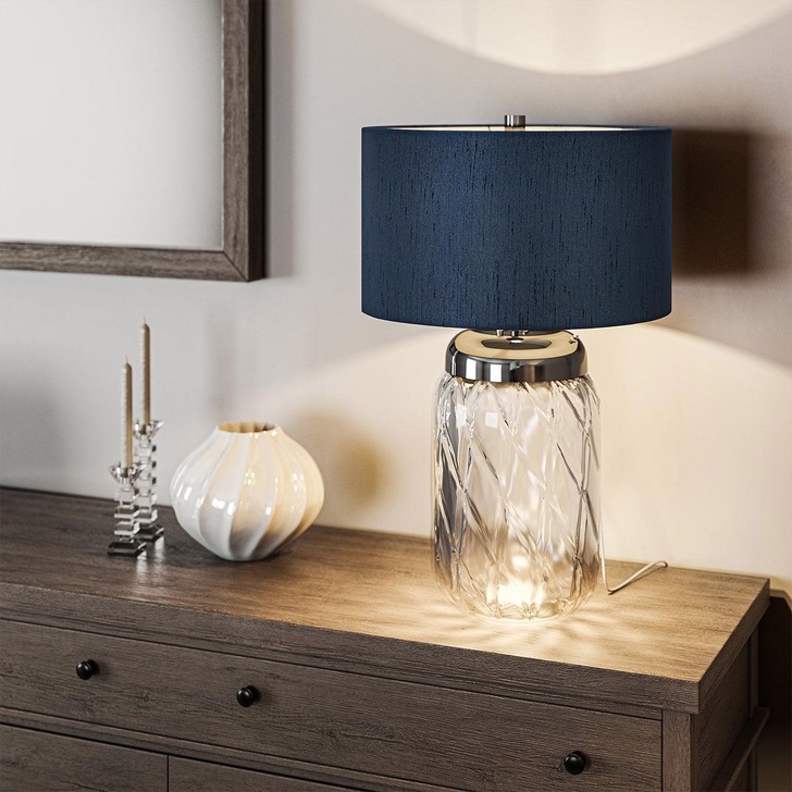 Quintiesse Sola 2lt Clear Glass Dual Lit Table Lamp Complete With Breton Blue Faux Silk Shade - QN-SOLA-TL-BLU