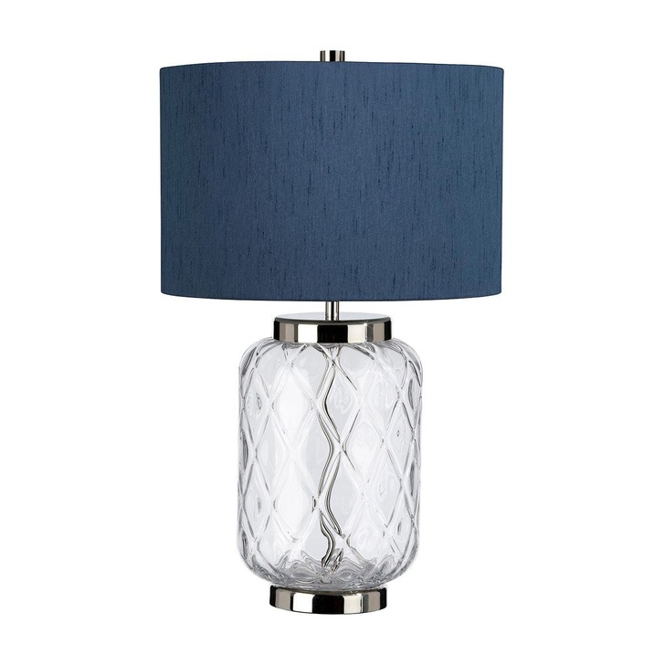 Quintiesse Sola Clear Glass Table Lamp Complete With Breton Blue Faux Silk Shade - QN-SOLA-TL-S-BLU