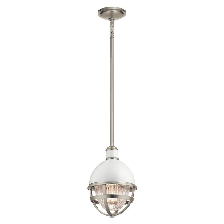 Quintiesse Tollis 1 Light Mini Pendant In Brushed Nickel And White Complete With Clear Ribbed Glass - QN-TOLLIS-MP-BN