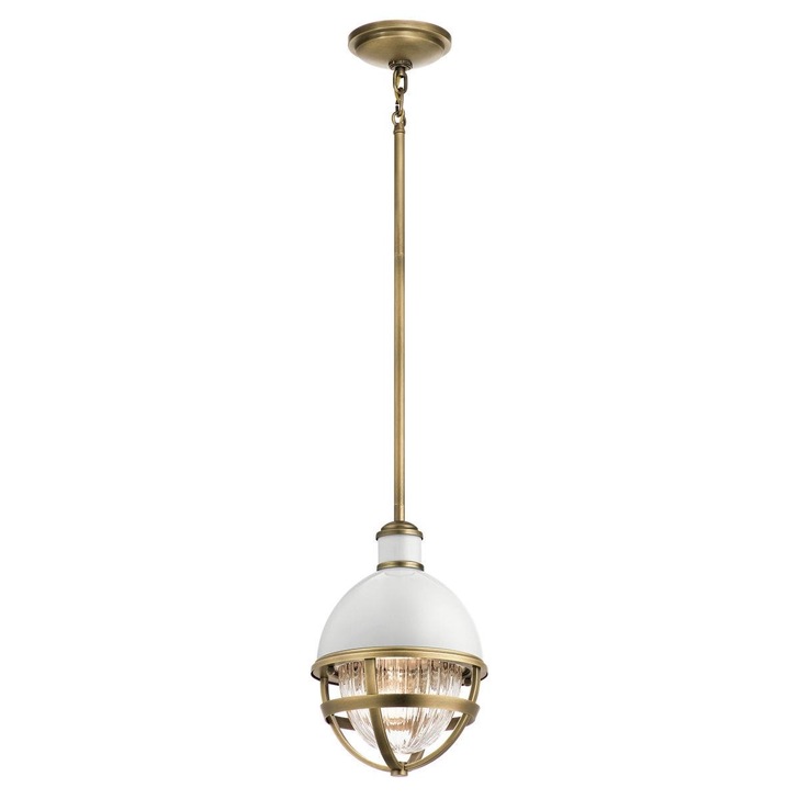 Quintiesse Tollis 1 Light Mini Pendant In Natural Brass And White Complete With Clear Ribbed Glass - QN-TOLLIS-MP-NBR