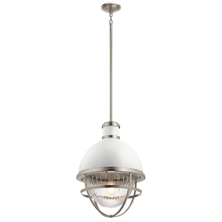 Quintiesse Tollis 1 Light Pendant In Brushed Nickel And White Complete With Clear Ribbed Glass - QN-TOLLIS-P-BN