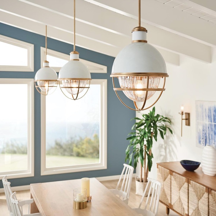 Quintiesse Tollis 1 Light Pendant In Natural Brass And White Complete With Clear Ribbed Glass - QN-TOLLIS-P-NBR