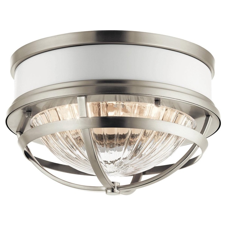 Quintiesse Tollis 2 Light Flush Mount In Brushed Nickel And White Complete With Clear Ribbed Glass - QN-TOLLIS-F-BN