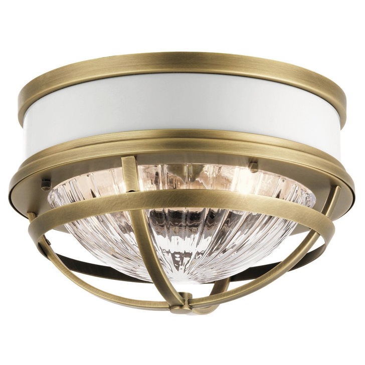 Quintiesse Tollis 2 Light Flush Mount In Natural Brass And White Complete With Clear Ribbed Glass - QN-TOLLIS-F-BNR