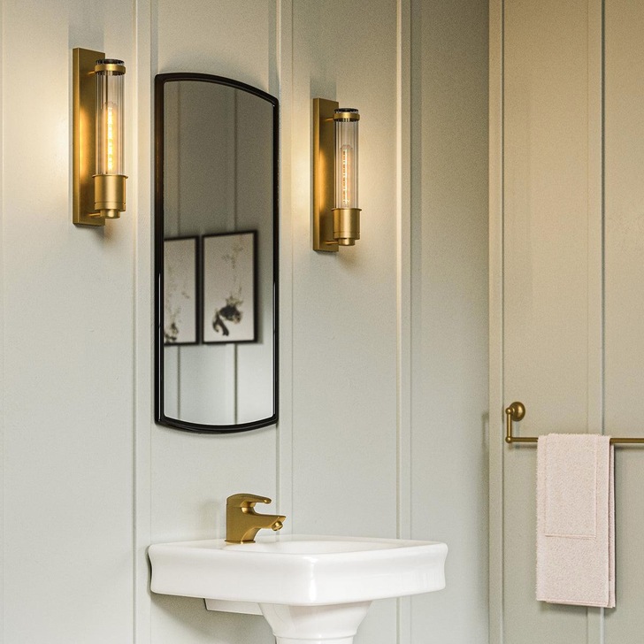 Quintiesse Wellington 1 Light Bathroom Wall Light In Aged Brass Finish Complete With Clear Ribbed Glass - IP44 - QN-WELLINGTON1-AB