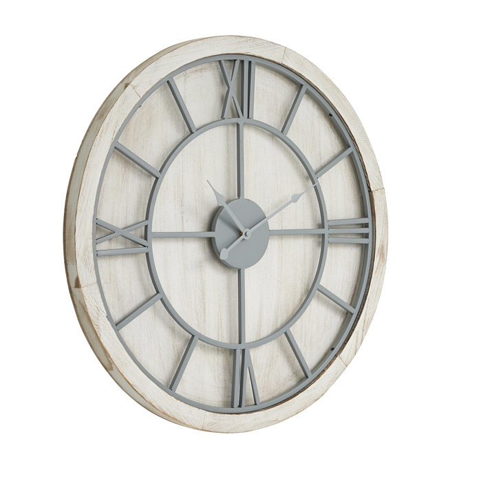 Round Light Grey Roman Numeral Clock With White Wooden Base 60cm