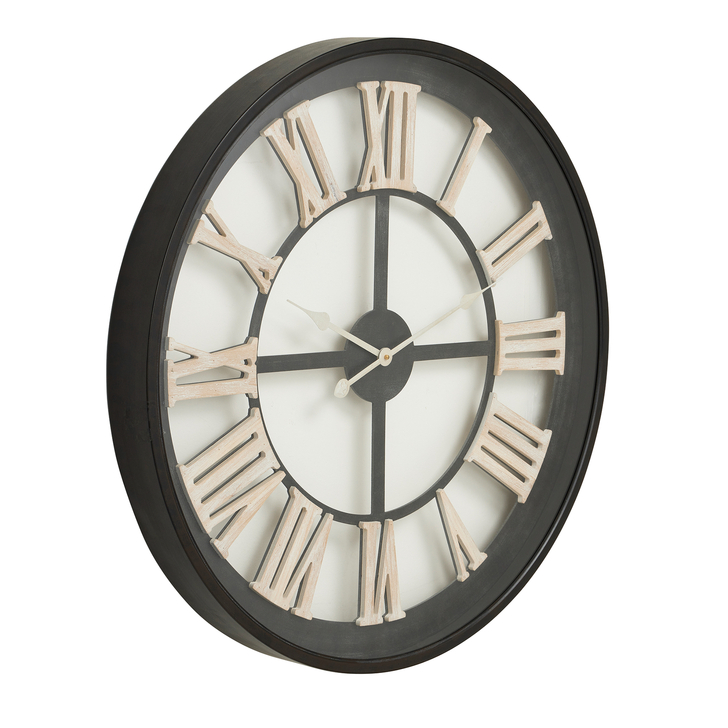 Round Skeleton Clock With White Roman Numerals And Black Frame