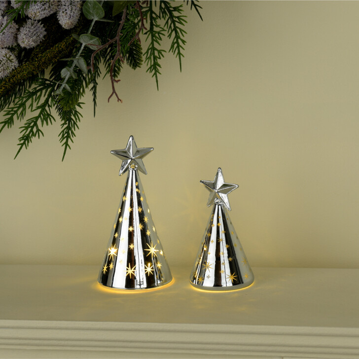 SILVER GLASS LIT TREE WITH TWINKLING STARS SET OF 2 - Battery Operated (6 X LR44 - Not Included)
