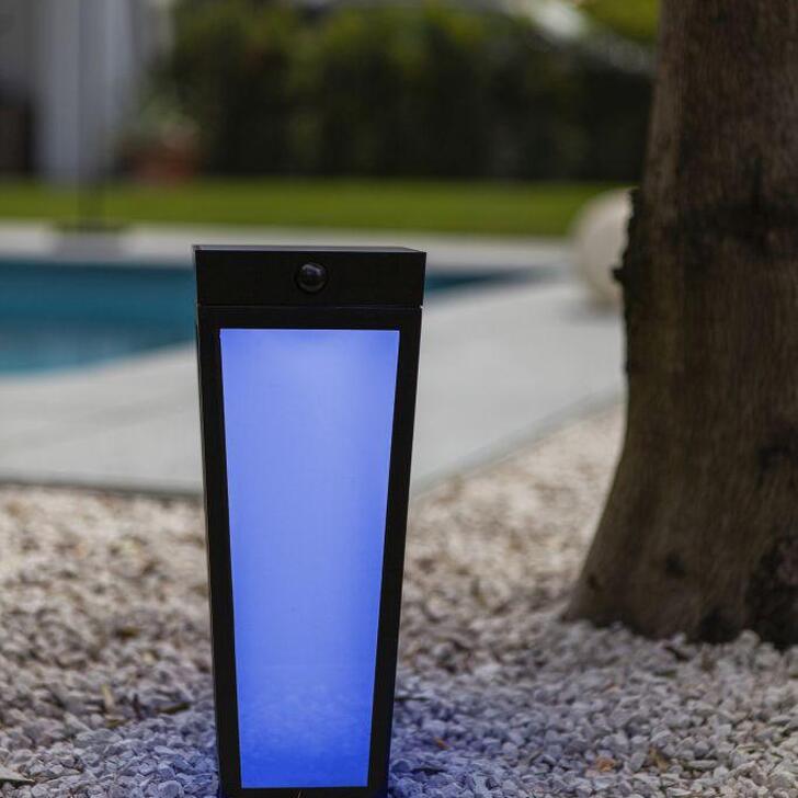 Solar Powered Pedestal Lamp In Black With Pir Motion Sensor & Spike - 2700K-6500K + RGB, IP44