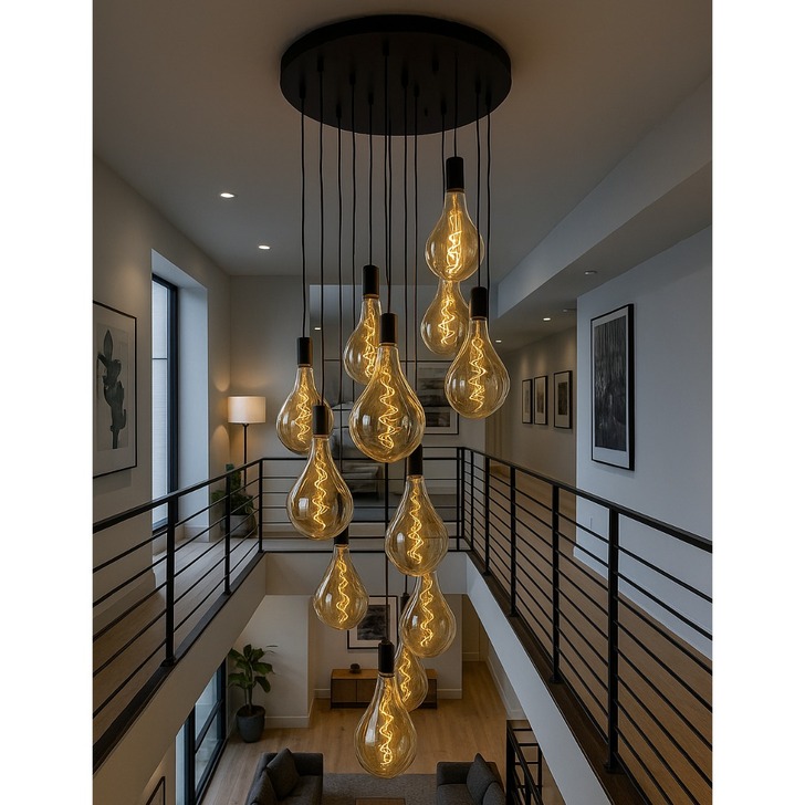 Stylish Lighting 12 Light Cluster Pendant Matt Black With Amber Spiral Filament Glass Bulbs