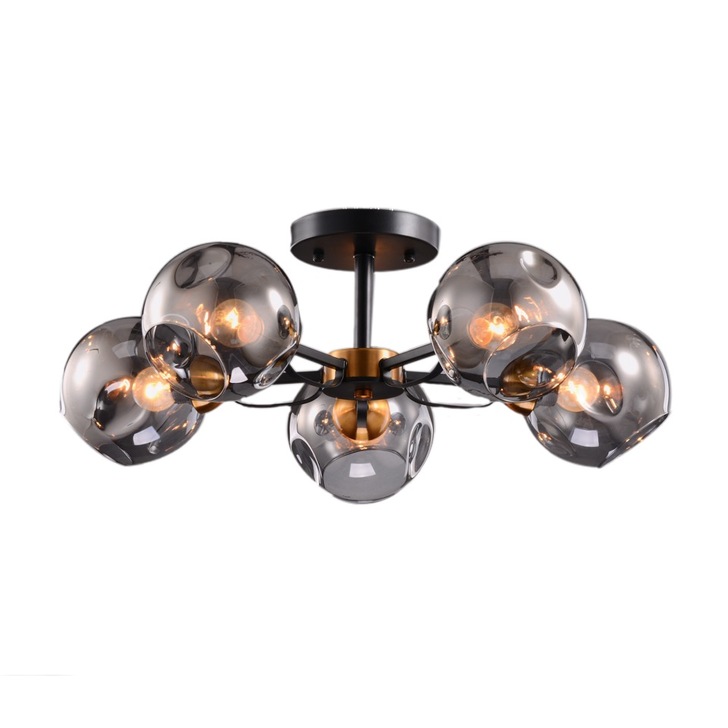 Stylish Lighting Chicago Matt Black And Gold 5 Light Semi-Flush Ceiling Light Complete With Smoked Glasses