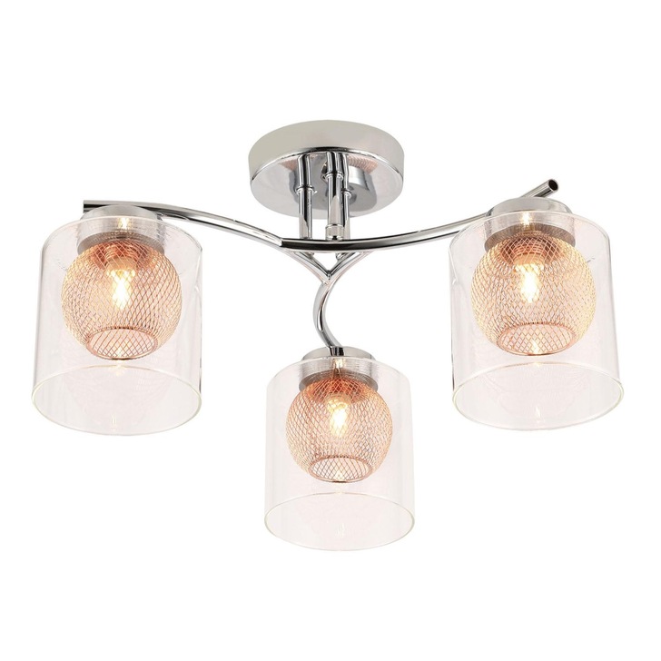 Stylish Lighting Jersey 3 Light Semi-Flush Ceiling Light In Chrome Complete With Copper Inners And Clear Glasses