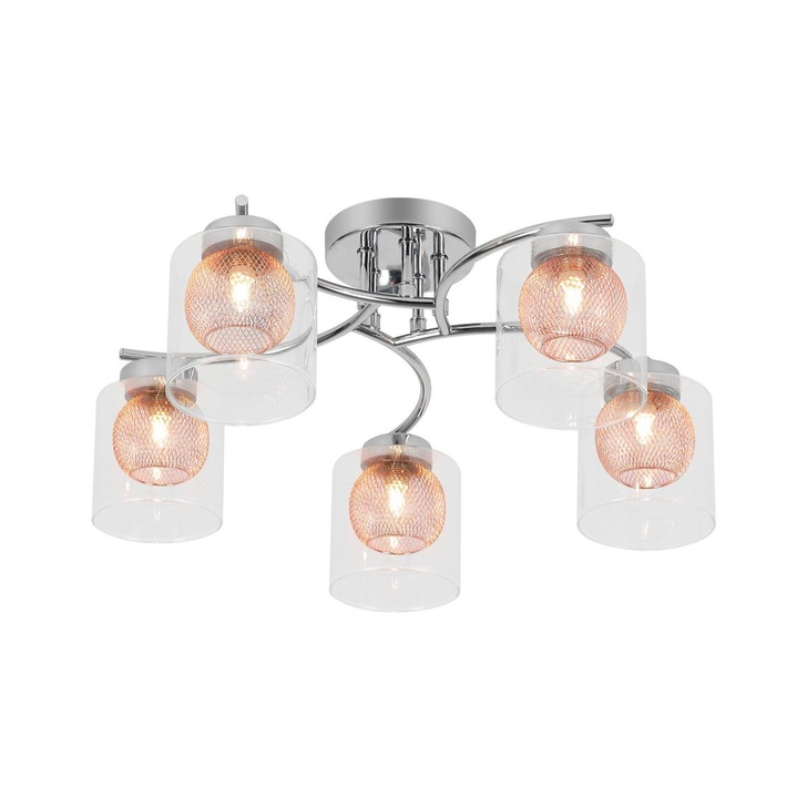 Stylish Lighting Jersey 5 Light Semi-Flush Ceiling Light In Chrome Complete With Copper Inners And Clear Glasses