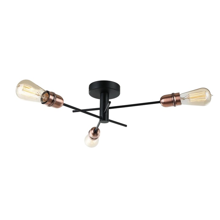 Stylish Lighting Matt Black And Copper 3 Light Semi Flush Ceiling Light