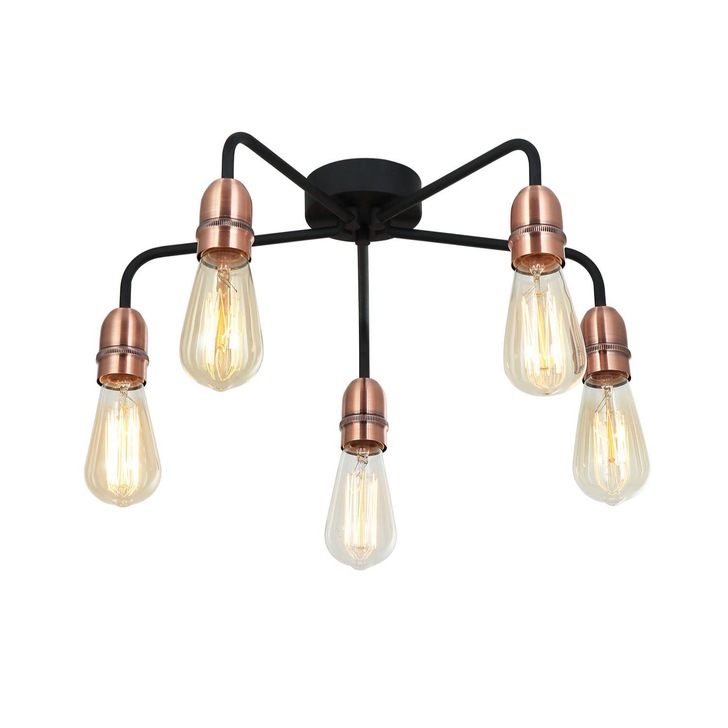 Stylish Lighting Matt Black And Copper 5 Light Flush Ceiling Light