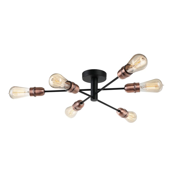 Stylish Lighting Matt Black And Copper 6 Light Semi Flush Ceiling Light