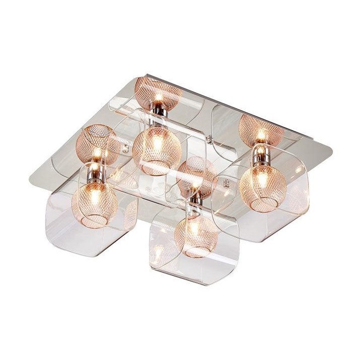 Stylish Lighting Orlando Polished Chrome 4 Light flush Ceiling Light, Complete With Copper Mesh Inners And Clear Glass Shades