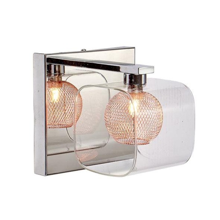 Stylish Lighting Orlando Polished Chrome Single Wall Light, Complete With Copper Mesh Inner And Clear Glass Shade