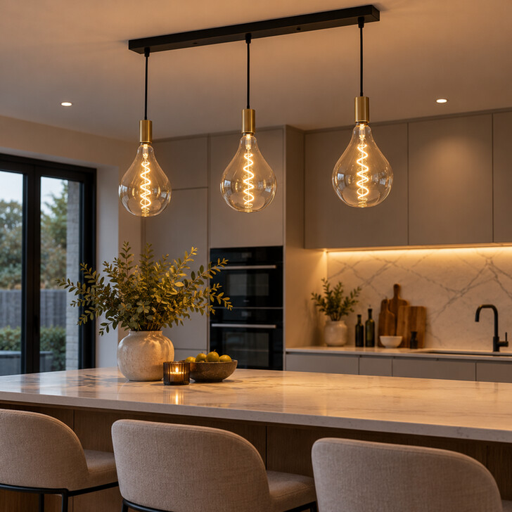 Stylish Lighting Spiral Black And Gold 3 Light Linear Island Pendant Light Complete With Amber Spiral Vintage Lamps