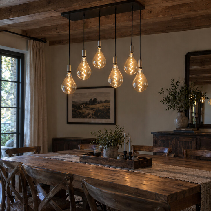 Stylish Lighting Spiral Black And Satin Nickel 6 Light Linear Cluster Island Pendant Light Complete With Amber Spiral Vintage Lamps