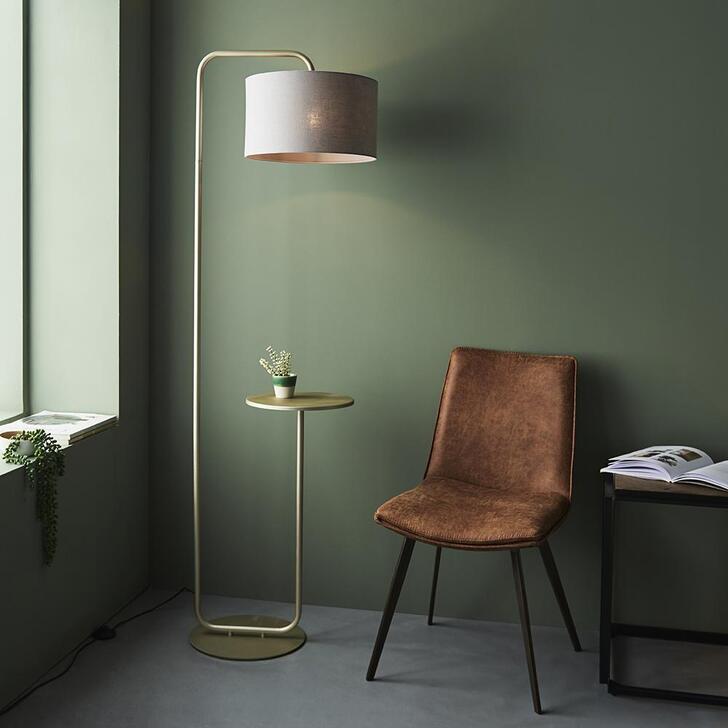 Thorlight Aris Satin Champagne Finish Floor Lamp Complete With Slate Grey Fabric Shade & Table