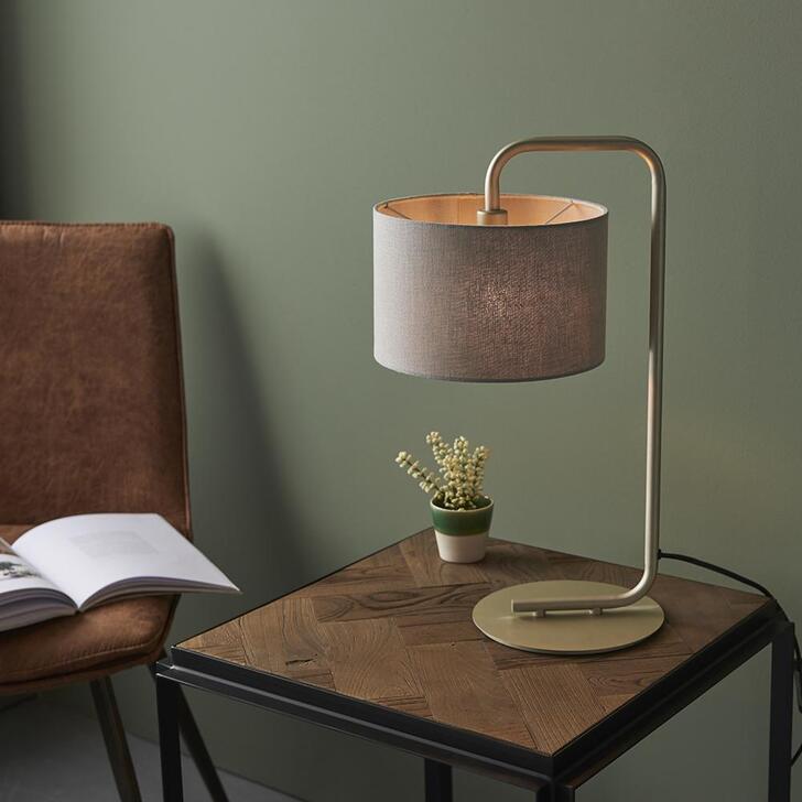 Thorlight Aris Satin Champagne Finish Table Lamp Complete With Slate Grey Fabric Shade