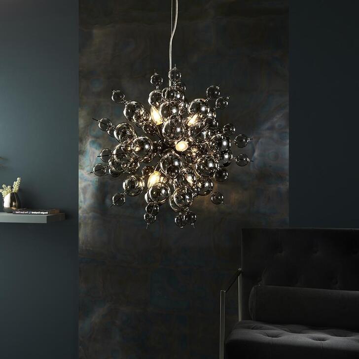 Thorlight Clementine Black Chrome 9 Light Pendant Complete With Tinited Smoke Glass Spheres