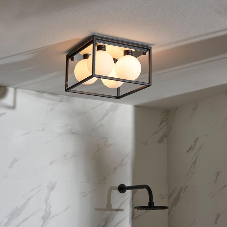 Thorlight Delphi 4 Light Square Flush Bathroom Ceiling Light In Matt Black With Opal Glass Globes - IP44