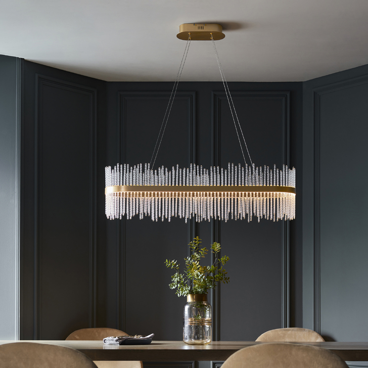 Thorlight Etta LED Linear Bar Pendant Brushed Gold With Clear Twisted Glass Rods