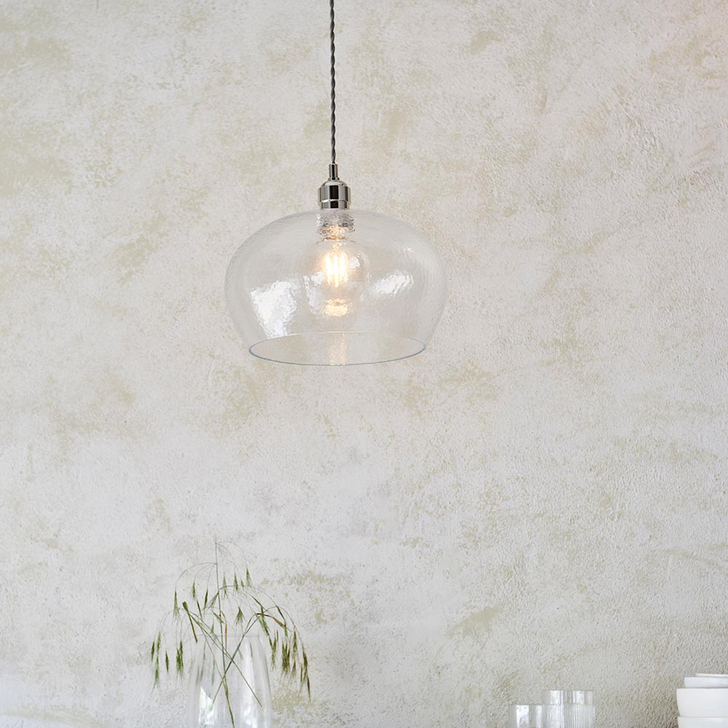 Thorlight Graydon Polished Nickel Round Single Pendant Light Complete With Clear Hammered Textured Glass