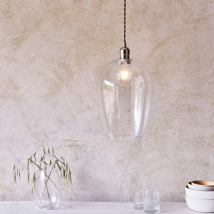 Thorlight Graydon Polished Nickel Single Pendant Light Complete With Clear Hammered Textured Glass
