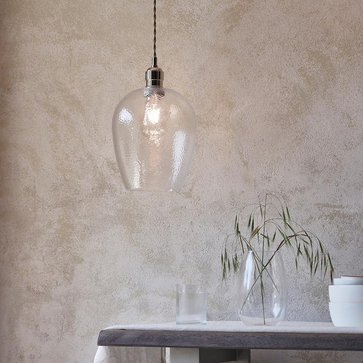 Thorlight Graydon Polished Nickel Slim Single Pendant Light Complete With Clear Hammered Textured Glass