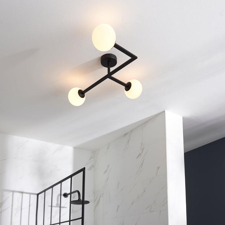 Thorlight Java 3 Light Flush Bathroom Ceiling Light In Matt Black With Opal Glass Globes - IP44