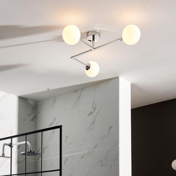 Thorlight Java 3 Light Flush Bathroom Ceiling Light In Polished Chrome With Opal Glass Globes - IP44