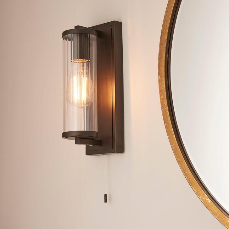 Thorlight Kairo Single Bathroom Wall Light In Dark Bronze With A Clear Ribbed Glass Shade - IP44