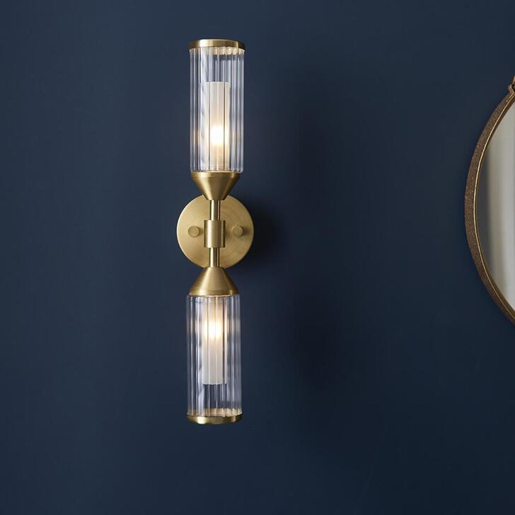 Thorlight Kinley Satin Brass 2 Light Wall Light Complete With Clear & Frosted Ribbed Glass Shades