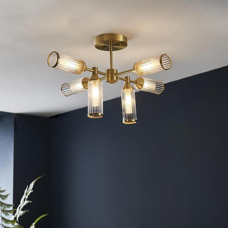 Thorlight Kinley Satin Brass 6 Light Semi Flush Ceiling Light Complete With Clear & Frosted Ribbed Glass Shades