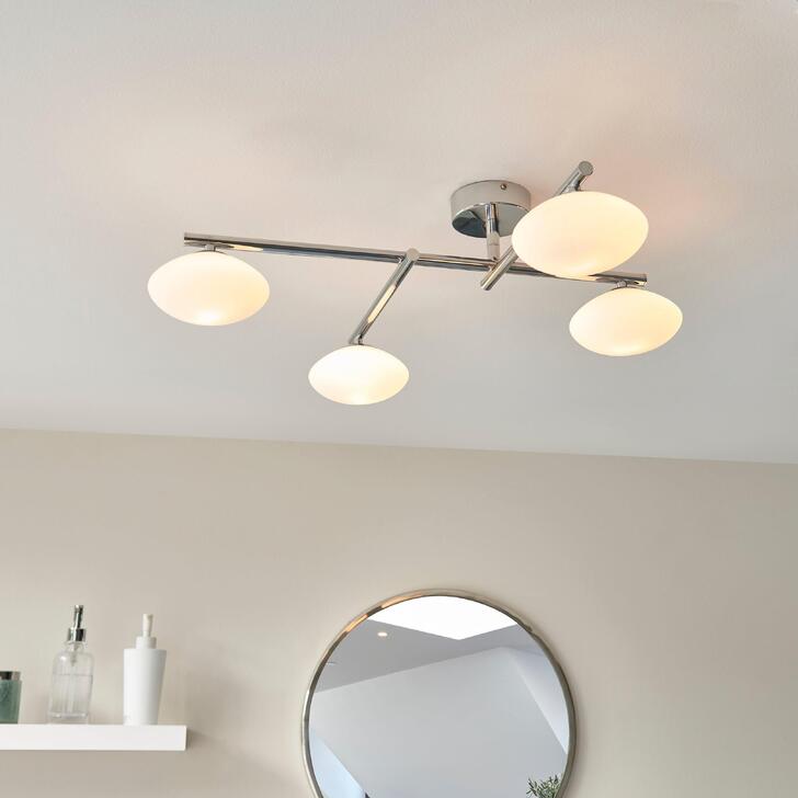 Thorlight Lux 4 Light Flush Bathroom Ceiling Light In Polished Chrome With Opal Glass Shades - IP44