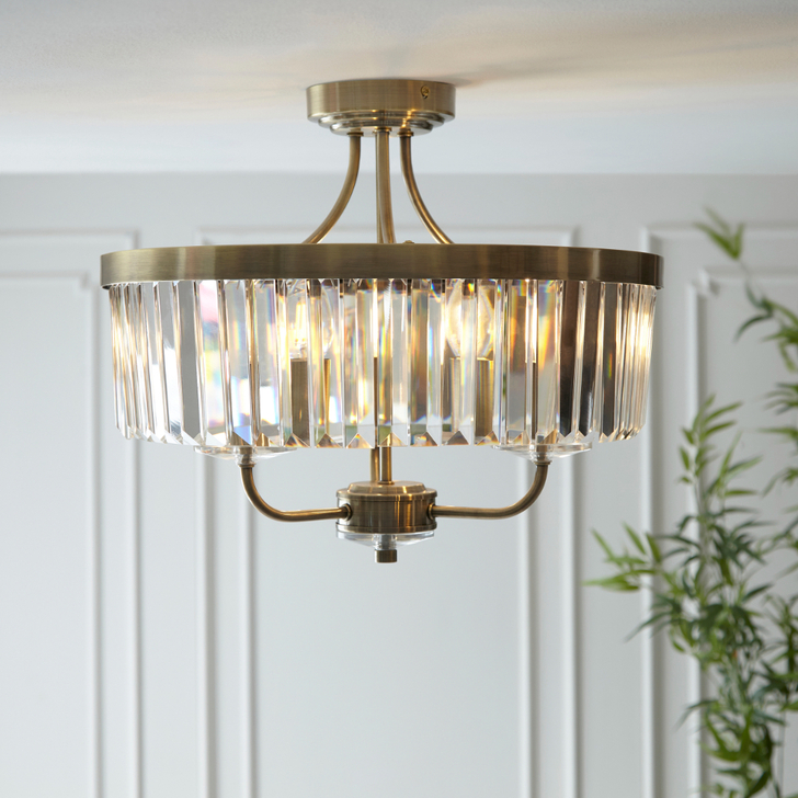 Thorlight Melia Antique Brass Glass 3 Light Semi Flush Ceiling Light