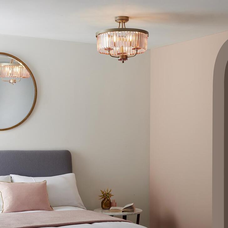 Thorlight Melia Champagne Finish 3 Light Semi Flush Ceiling Light Complete With Rose Pink Faceted Cut Glass Droplets