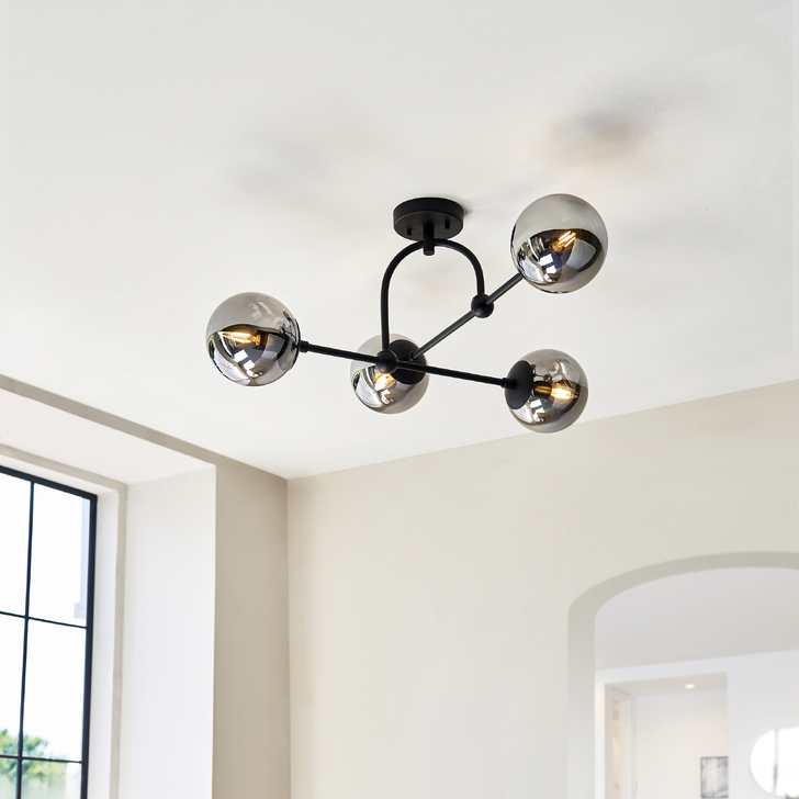 Thorlight Merlin 4 Light Large Semi-Flush Ceiling Light Black With Smoked Glass Globes