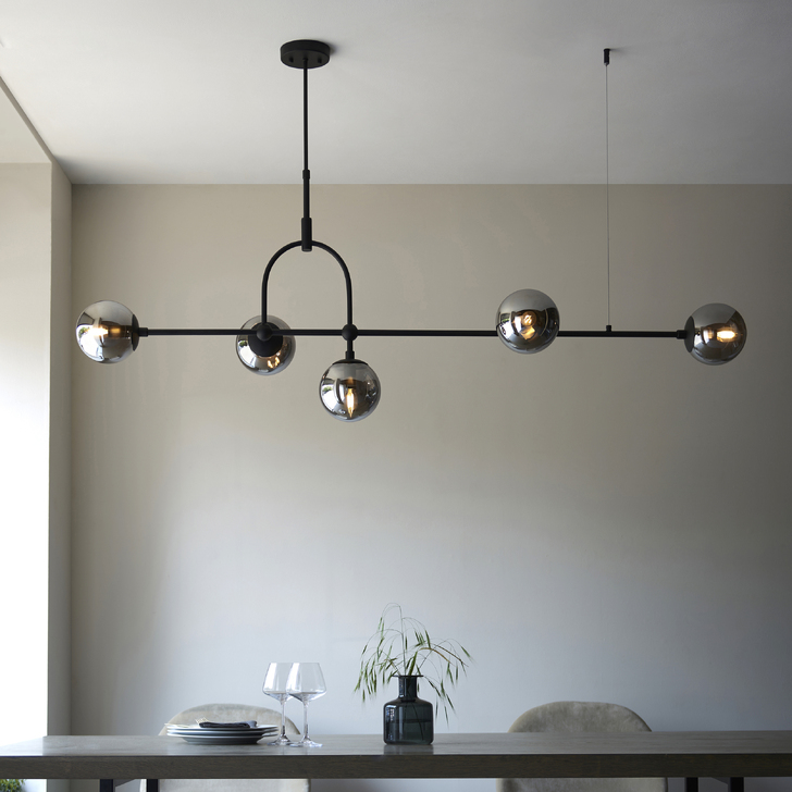 Thorlight Merlin 5 Light Linear Bar Pendant Black With Smoked Glass Globes