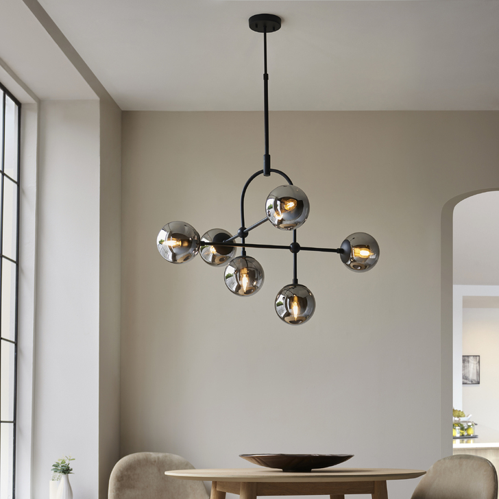 Thorlight Merlin 6 Light Pendant Black With Smoked Glass Globes