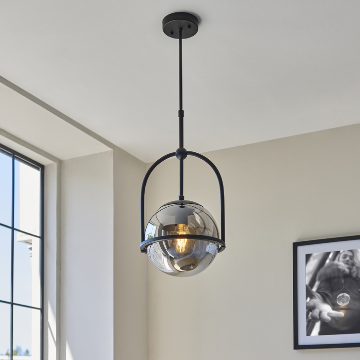 Thorlight Merlin Single Pendant Light Black With Smoked Glass Globe