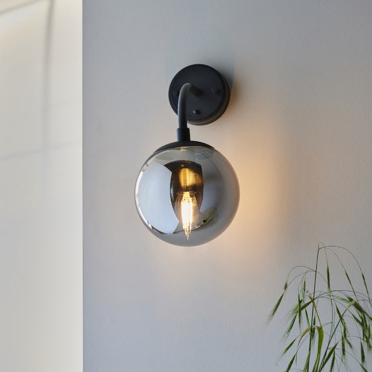 Thorlight Merlin Single Wall Light Black With Smoked Glass Globe