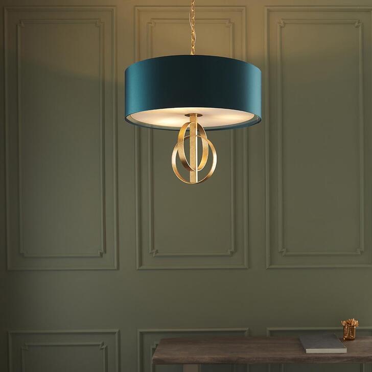 Thorlight Noor Antique Gold Leaf 3 Light Pendant Complete With Satin Teal Fabric Shade & Vintage White Diffuser