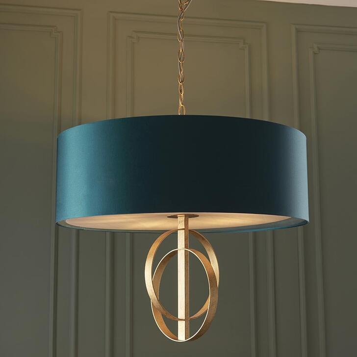 Thorlight Noor Antique Gold Leaf 5 Light Pendant Complete With Satin Teal Fabric Shade & Vintage White Diffuser