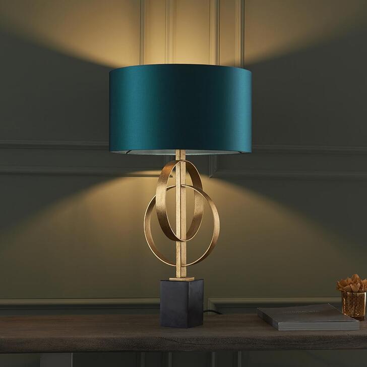 Thorlight Noor Antique Gold Leaf & Black Marble Table Lamp Complete With Satin Teal Fabric Shade