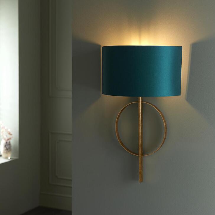 Thorlight Noor Antique Gold Leaf Single Wall Light Complete With Satin Teal Fabric Shade